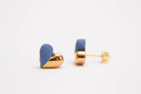 Širdelės - mėlyno porceliano auskarai su aukso liustra